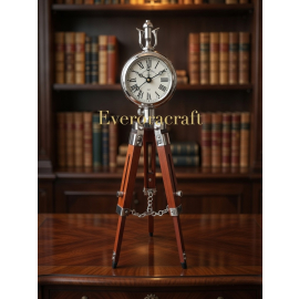 Vintage Tripod Desk Clock - Nautical Brass Table Clock with Wooden Stand - Antique Style Maritime Decor - Unique Executive Gift for Him