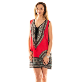 RED DRESS WITH ORIENTAL PRINT, SIZE ML