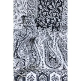 REVERSIBLE CASHMERE SCARF ORIENTAL PAISLEY FLORAL INDIA, BLACK AND WHITE