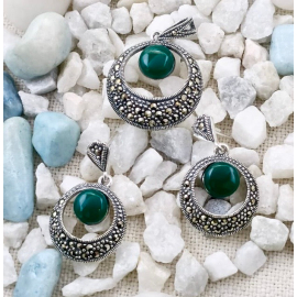 Marcasite Green Onyx Silver Pendant with Earrings