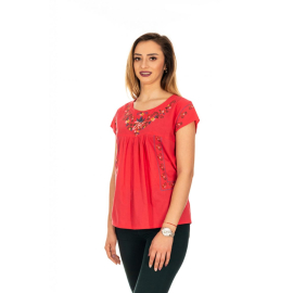 CORAL RED BLOUSE WITH EMBROIDERY, SIZE M