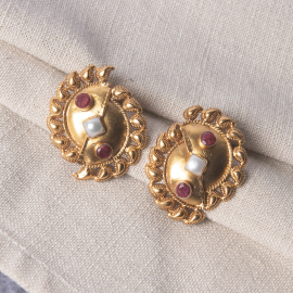 Gold Polished Pearl Stone Silver Earrings