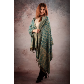 PAISLEY INDIA REVERSIBLE CASHMERE SCARF, BEIGE GREEN