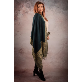 REVERSIBLE CASHMERE SCARF PAISLEY INDIA, DARK GREEN-BEIGE