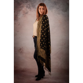 REVERSIBLE CASHMERE SCARF PAISLEY INDIA, BLACK-BEIGE