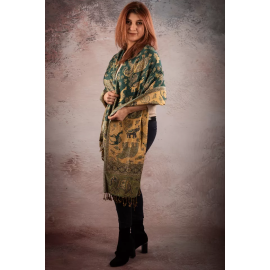 REVERSIBLE CASHMERE SCARF PAISLEY AND INDIAN ELEPHANTS, GREEN-BEIGE