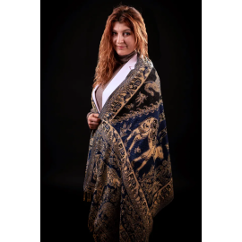 BEIGE-BLUE CASHMERE SCARF WITH TRADITIONAL INDIAN FLORAL AND PAISLEY MOTIFS