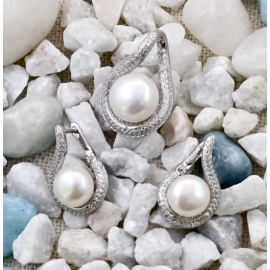 Pearl American Diamond Silver Pendant with Earrings