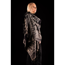 CARA BLACK-BEIGE SHAWL WITH HAND MADE EMBROIDERY AND BLACK INDIAN FUR