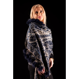 BLACK-BEIGE SHAWL WITH HAND MADE EMBROIDERY AND BLACK INDIAN FUR