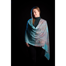 SCARF-SAL CARA, MADE OF TURQUOISE PASHMINA WOOL WITH FINE EMBROIDERY