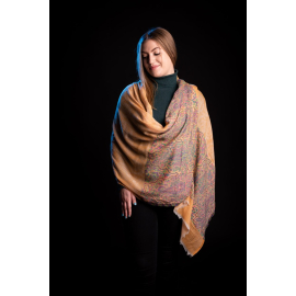 ORANGE PASHMINA WOOL SCARF WITH FINE EMBROIDERY.