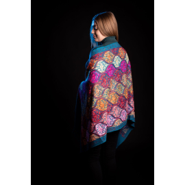 REVERSIBLE TURQUOISE WOOL SHAWL WITH EMBROIDERY HAND MADE INDIA