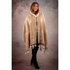 WHITE-BEIGE WOOL SHAWL WITH HAND-MADE EMBROIDERY AND INDIA FUR