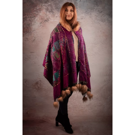 PURPLE SHAWL WITH HAND MADE EMBROIDERY AND INDIA ARTIFICIAL FUR