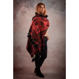 BLACK-RED SHAWL WITH HAND MADE EMBROIDERY AND INDIA ARTIFICIAL FUR