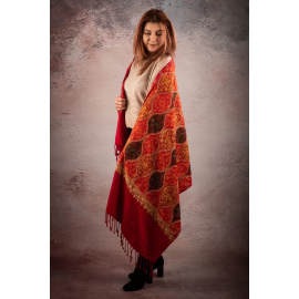 REVERSIBLE RED-TERRACOTTA WOOL SHAWL WITH HAND MADE INDIA EMBROIDERY