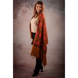 REVERSIBLE WOOL TERRACOTTA SHAWL WITH HAND MADE INDIA EMBROIDERY